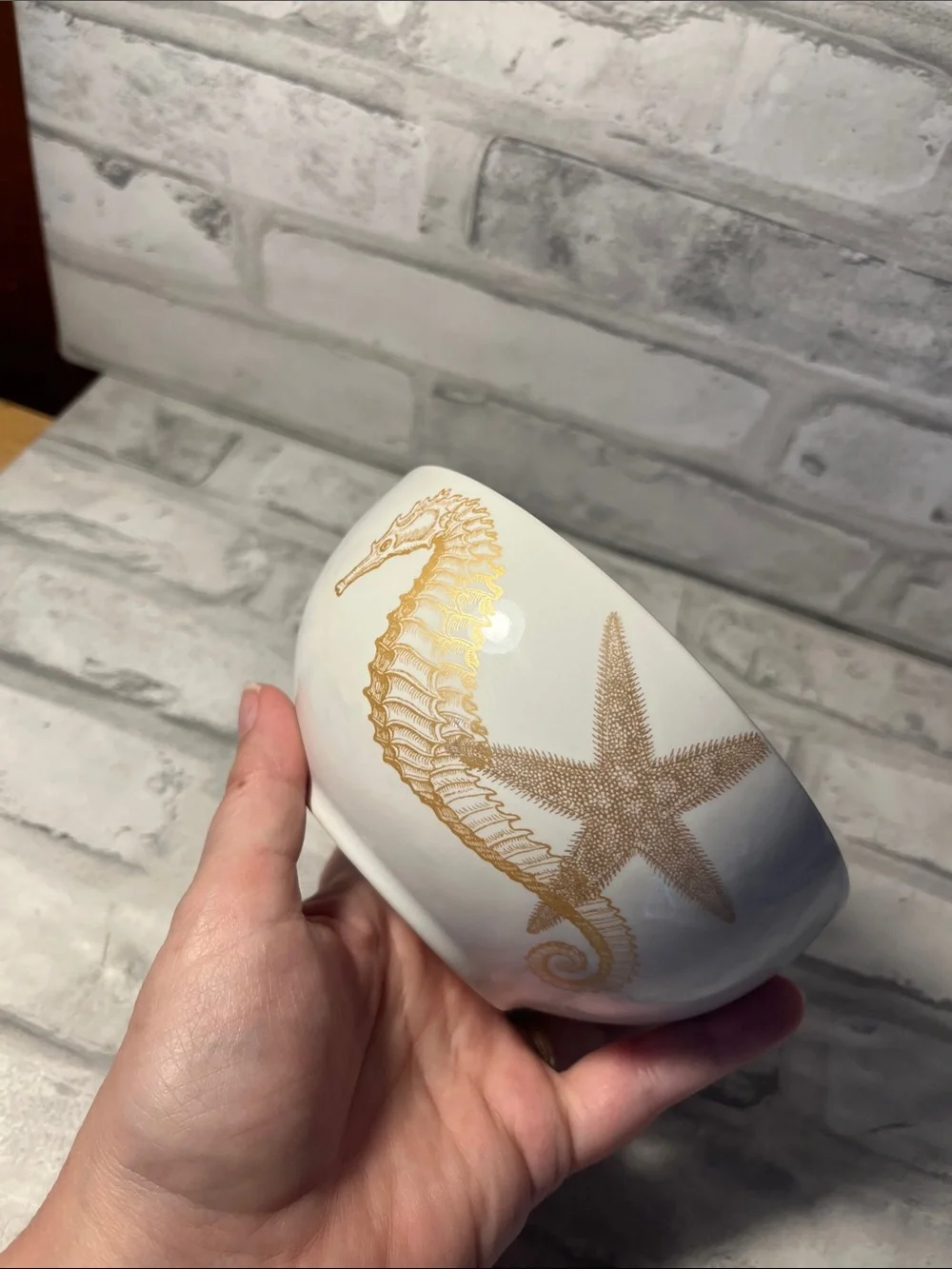 White Porcelain Bowl with Gold Seahorse Accent coastal life gold fine China 5.5